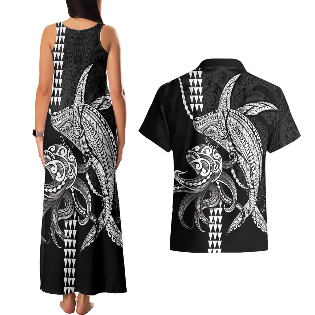 Kanaloa Aloha Hawaii Couples Matching Tank Maxi Dress and Hawaiian Shirt Humpback Whale Octopus Tattoo Kakau Pattern LT14 - Polynesian Pride