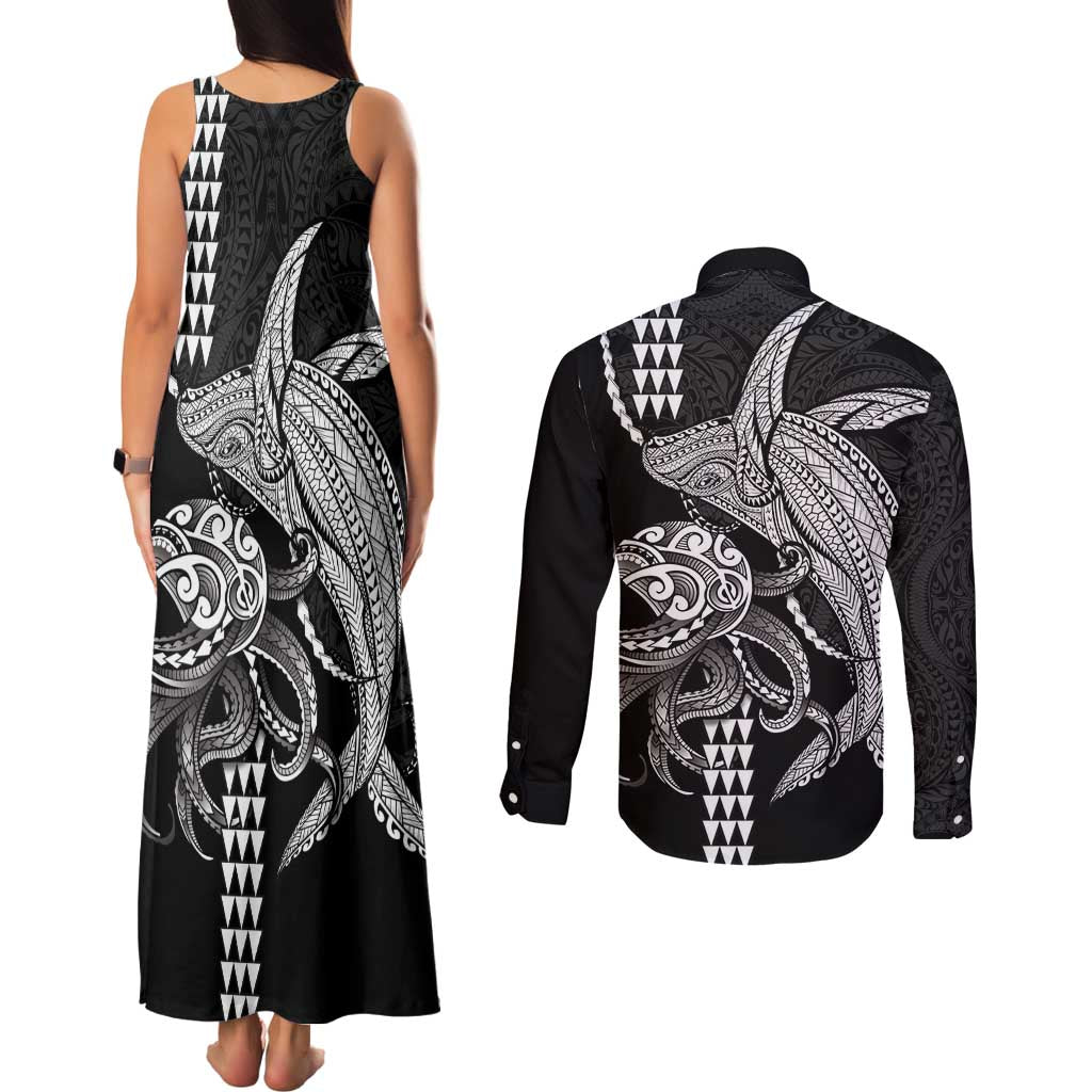Kanaloa Aloha Hawaii Couples Matching Tank Maxi Dress and Long Sleeve Button Shirt Humpback Whale Octopus Tattoo Kakau Pattern LT14 - Polynesian Pride