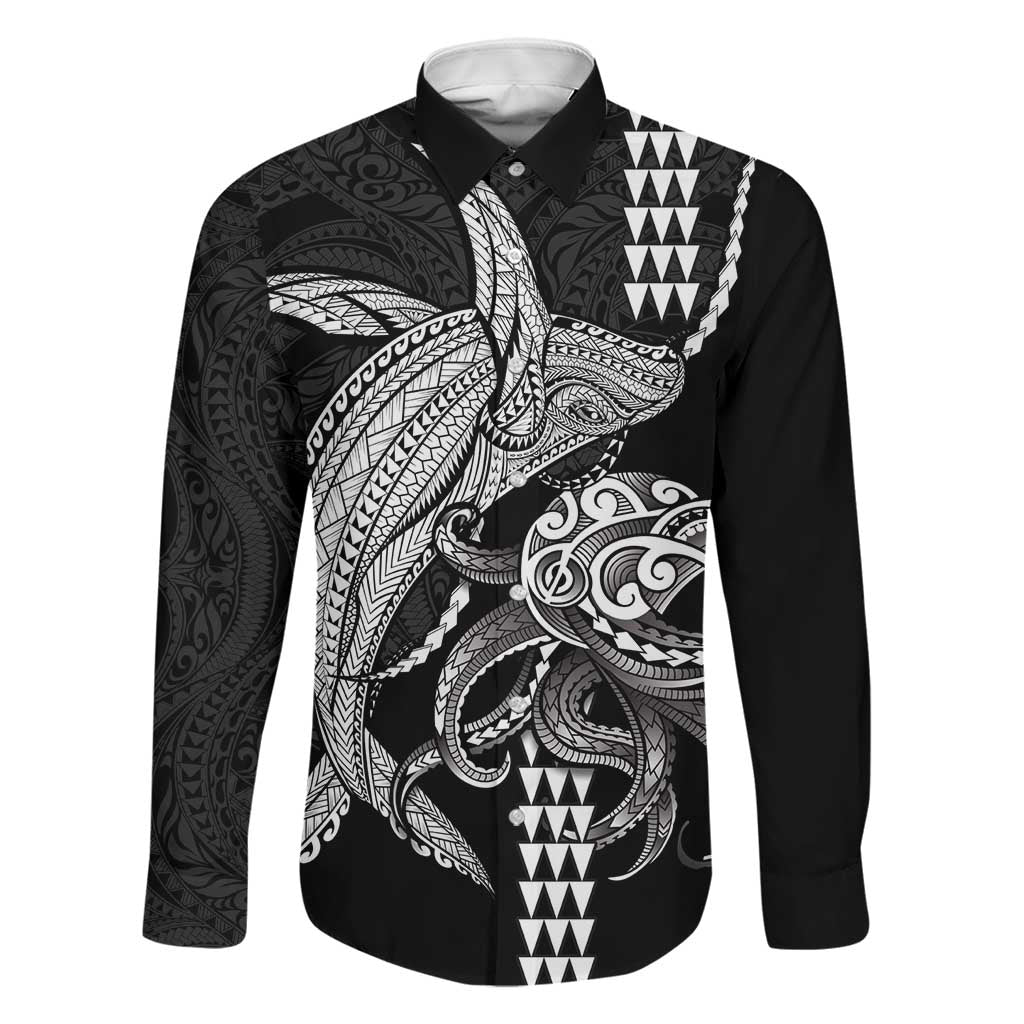 Kanaloa Aloha Hawaii Family Matching Off The Shoulder Long Sleeve Dress and Hawaiian Shirt Humpback Whale Octopus Tattoo Kakau Pattern LT14 Dad's Shirt - Long Sleeve Black - Polynesian Pride