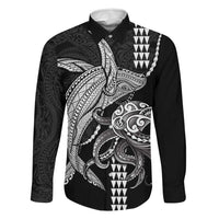 Kanaloa Aloha Hawaii Family Matching Off The Shoulder Long Sleeve Dress and Hawaiian Shirt Humpback Whale Octopus Tattoo Kakau Pattern LT14 Dad's Shirt - Long Sleeve Black - Polynesian Pride