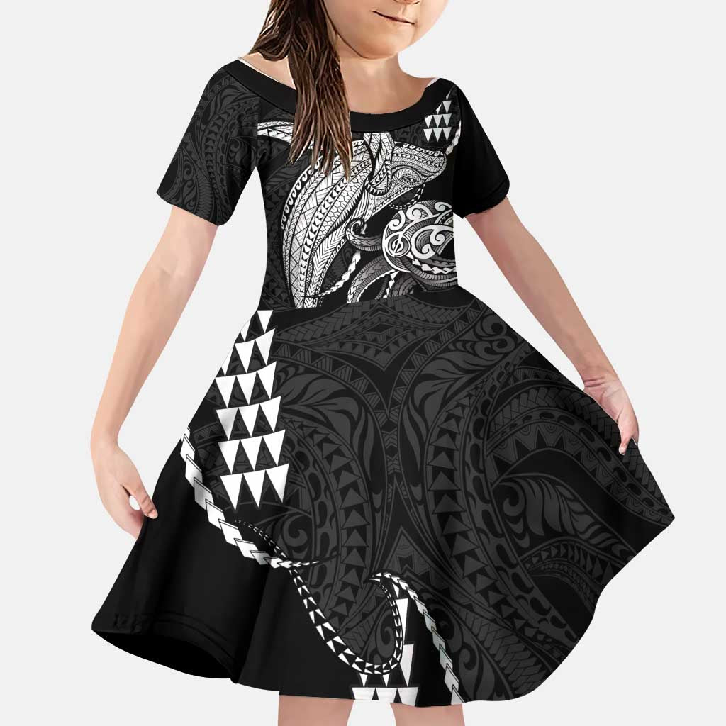Kanaloa Aloha Hawaii Family Matching Off Shoulder Maxi Dress and Hawaiian Shirt Humpback Whale Octopus Tattoo Kakau Pattern LT14 Daughter's Dress Black - Polynesian Pride