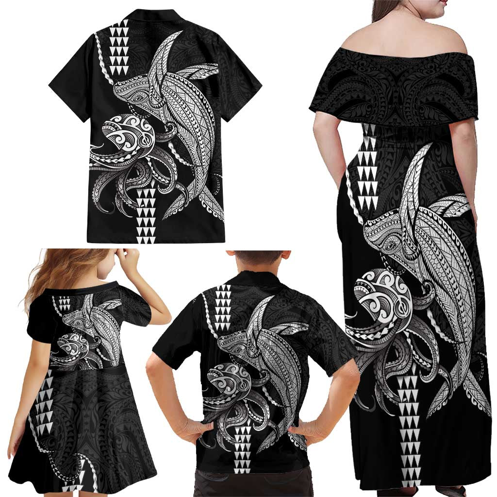 Kanaloa Aloha Hawaii Family Matching Off Shoulder Maxi Dress and Hawaiian Shirt Humpback Whale Octopus Tattoo Kakau Pattern LT14 - Polynesian Pride