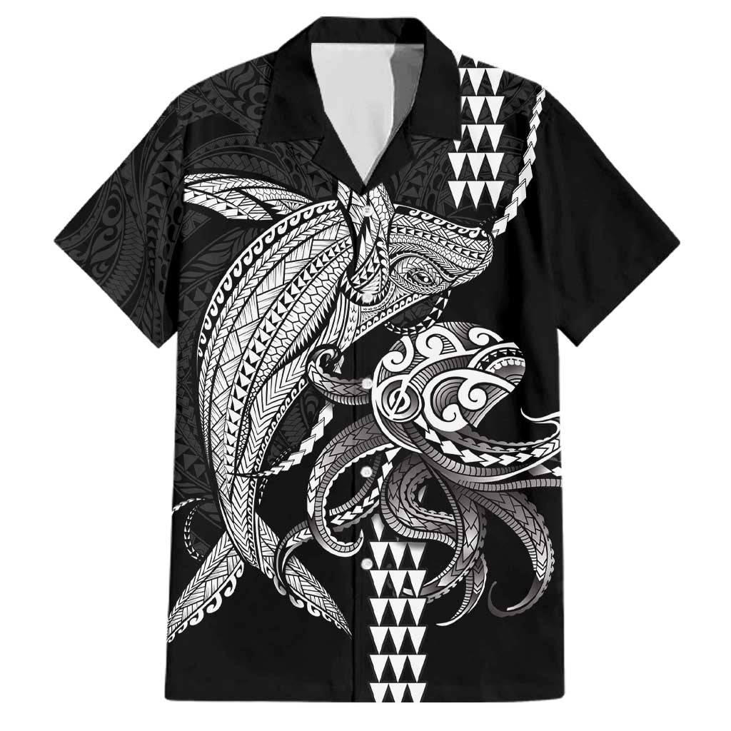 Kanaloa Aloha Hawaii Family Matching Off Shoulder Maxi Dress and Hawaiian Shirt Humpback Whale Octopus Tattoo Kakau Pattern LT14 Dad's Shirt - Short Sleeve Black - Polynesian Pride