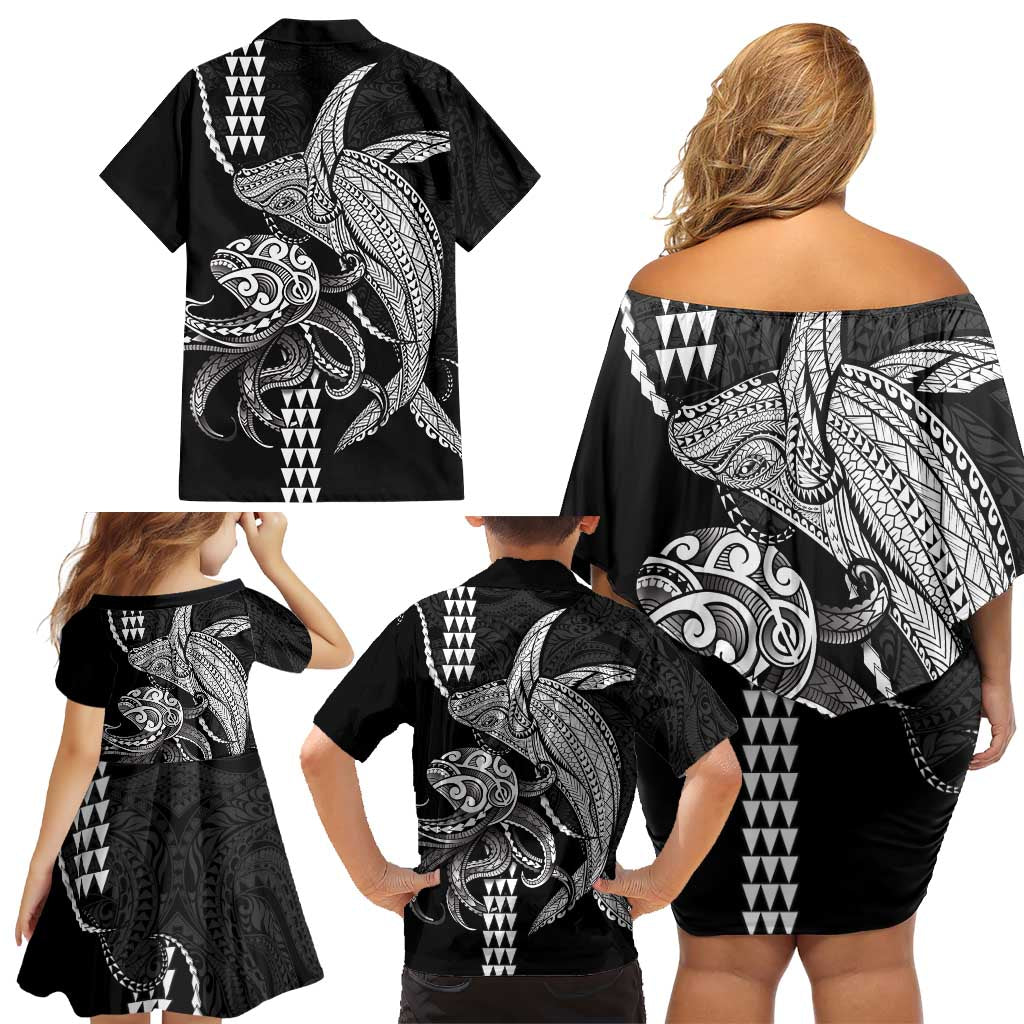 Kanaloa Aloha Hawaii Family Matching Off Shoulder Short Dress and Hawaiian Shirt Humpback Whale Octopus Tattoo Kakau Pattern LT14 - Polynesian Pride