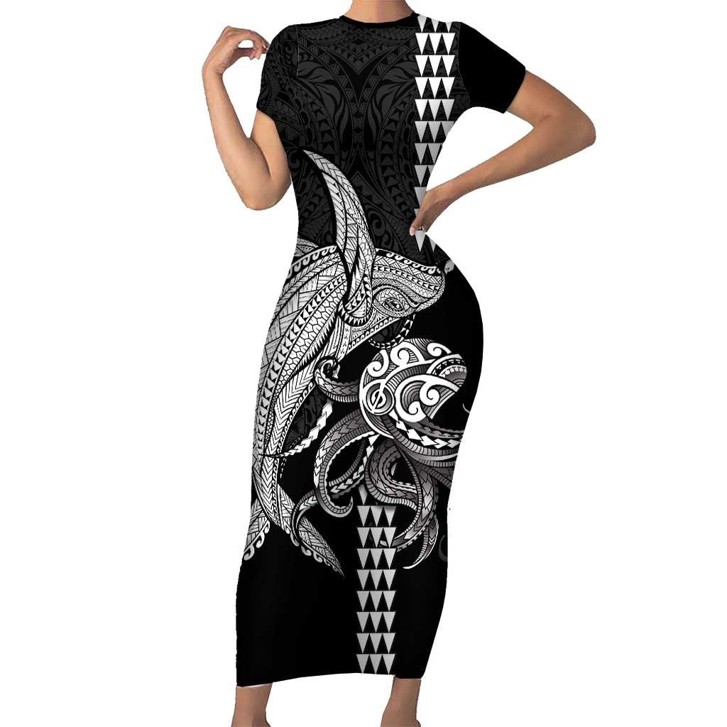 Kanaloa Aloha Hawaii Family Matching Short Sleeve Bodycon Dress and Hawaiian Shirt Humpback Whale Octopus Tattoo Kakau Pattern LT14 Mom's Dress Black - Polynesian Pride