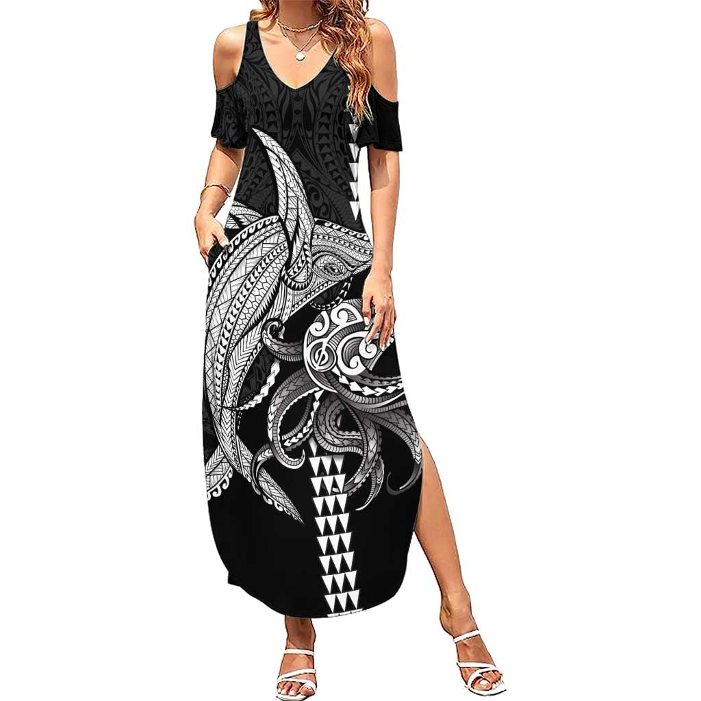 Kanaloa Aloha Hawaii Family Matching Summer Maxi Dress and Hawaiian Shirt Humpback Whale Octopus Tattoo Kakau Pattern LT14 Mom's Dress Black - Polynesian Pride