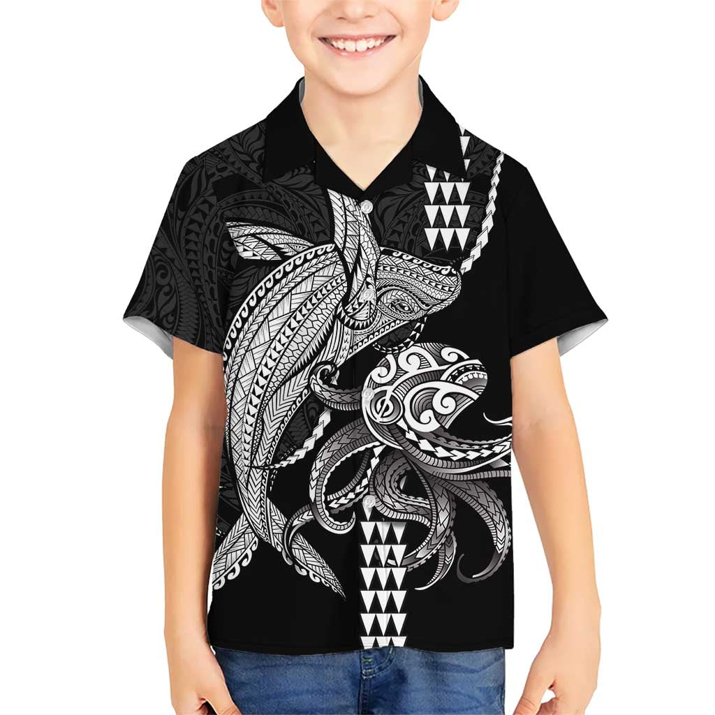 Kanaloa Aloha Hawaii Family Matching Tank Maxi Dress and Hawaiian Shirt Humpback Whale Octopus Tattoo Kakau Pattern LT14 Son's Shirt Black - Polynesian Pride
