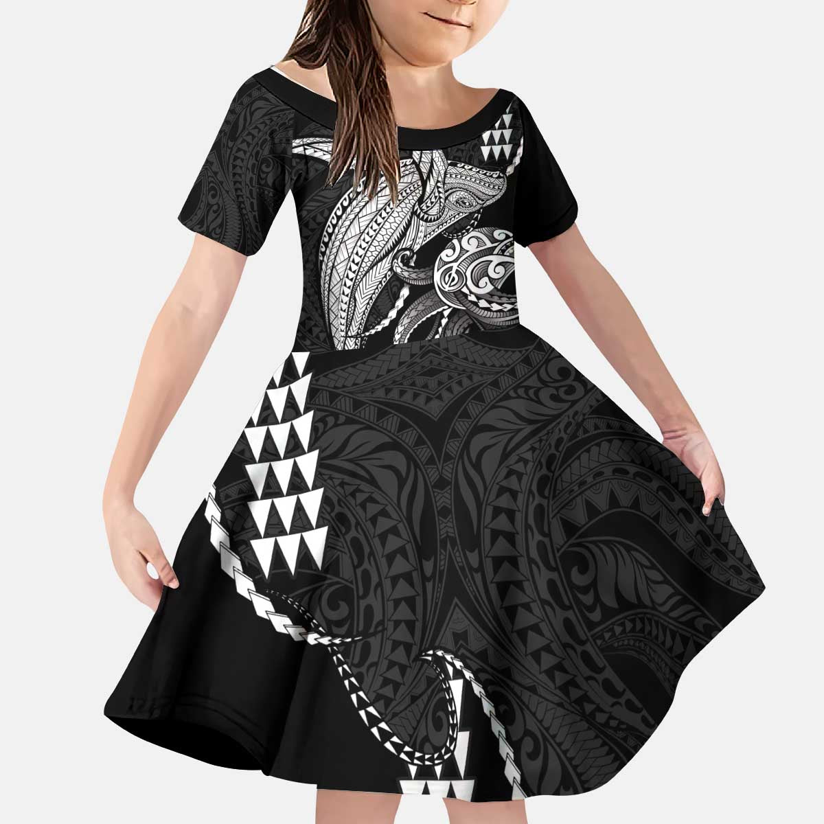 Kanaloa Aloha Hawaii Kid Short Sleeve Dress Humpback Whale Octopus Tattoo Kakau Pattern LT14 KID Black - Polynesian Pride
