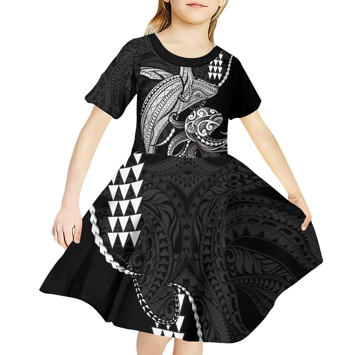 Kanaloa Aloha Hawaii Kid Short Sleeve Dress Humpback Whale Octopus Tattoo Kakau Pattern LT14 - Polynesian Pride