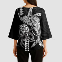 Kanaloa Aloha Hawaii Kimono Sleeve Blouse Humpback Whale Octopus Tattoo Kakau Pattern