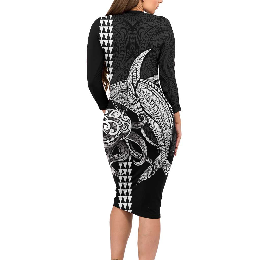 Kanaloa Aloha Hawaii Long Sleeve Bodycon Dress Humpback Whale Octopus Tattoo Kakau Pattern