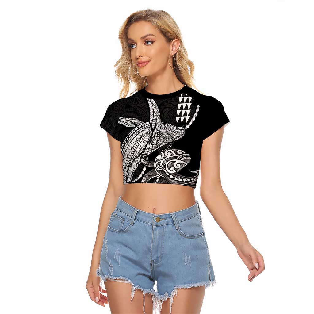 Kanaloa Aloha Hawaii Raglan Cropped T Shirt Humpback Whale Octopus Tattoo Kakau Pattern LT14 Female Black - Polynesian Pride