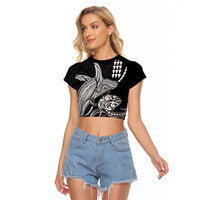 Kanaloa Aloha Hawaii Raglan Cropped T Shirt Humpback Whale Octopus Tattoo Kakau Pattern LT14 Female Black - Polynesian Pride