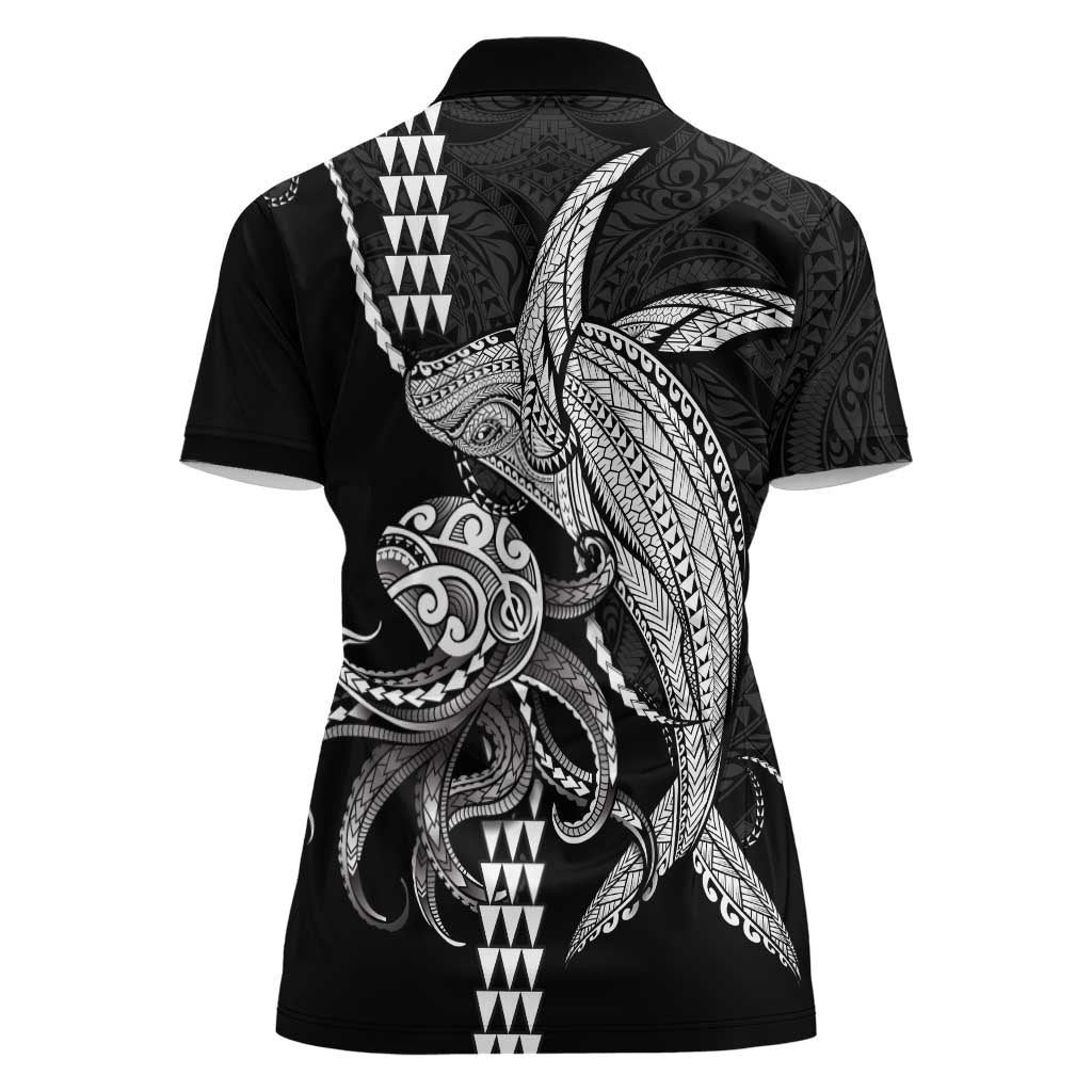 Kanaloa Aloha Hawaii Women Polo Shirt Humpback Whale Octopus Tattoo Kakau Pattern