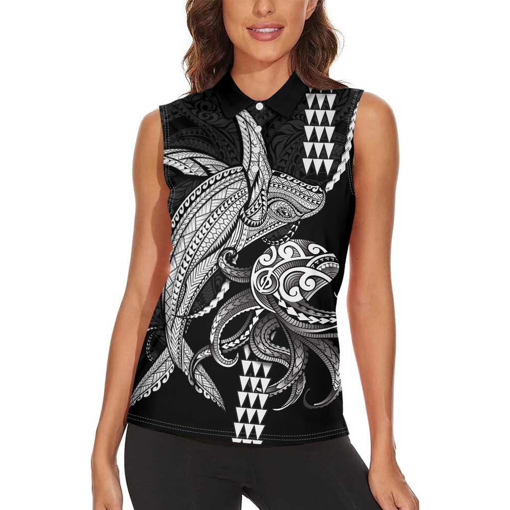 Kanaloa Aloha Hawaii Women Sleeveless Polo Shirt Humpback Whale Octopus Tattoo Kakau Pattern LT14 - Polynesian Pride