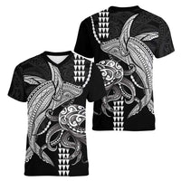 Kanaloa Aloha Hawaii Women V-Neck T-Shirt Humpback Whale Octopus Tattoo Kakau Pattern