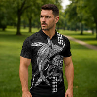 Kanaloa Aloha Hawaii Zipper Polo Shirt Humpback Whale Octopus Tattoo Kakau Pattern