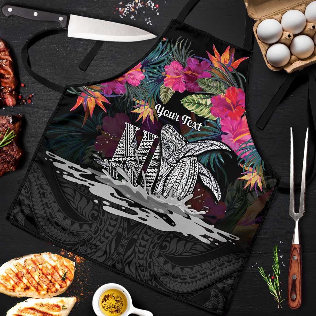 Personalised Hawaii Apron Humpback Whale Tattoo With Tropical Flowers Black