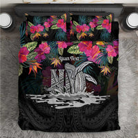 Personalised Hawaii Bedding Set Humpback Whale Tattoo With Tropical Flowers Black