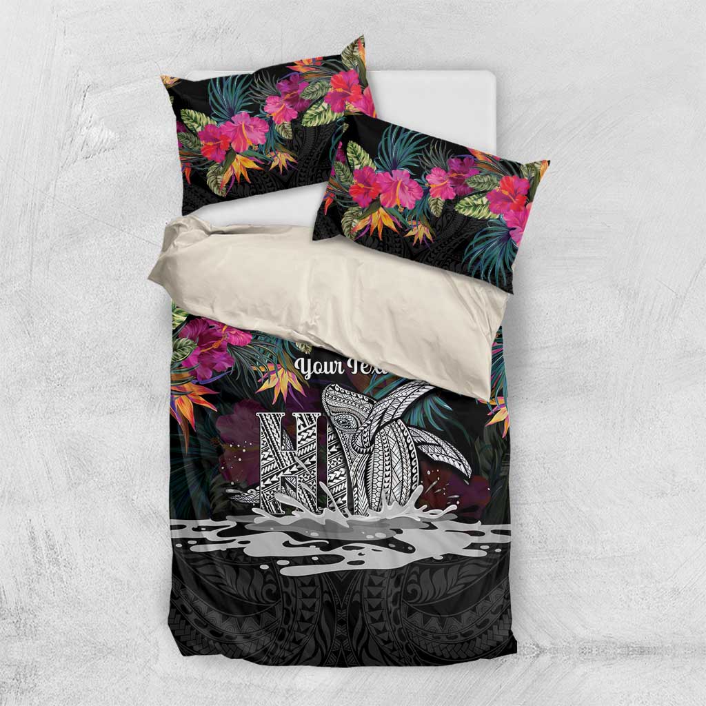 Personalised Hawaii Bedding Set Humpback Whale Tattoo With Tropical Flowers Black