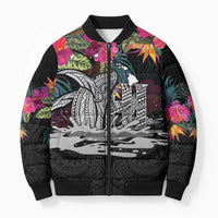Personalised Hawaii Bomber Puffer Jacket Humpback Whale Tattoo With Tropical Flowers Black