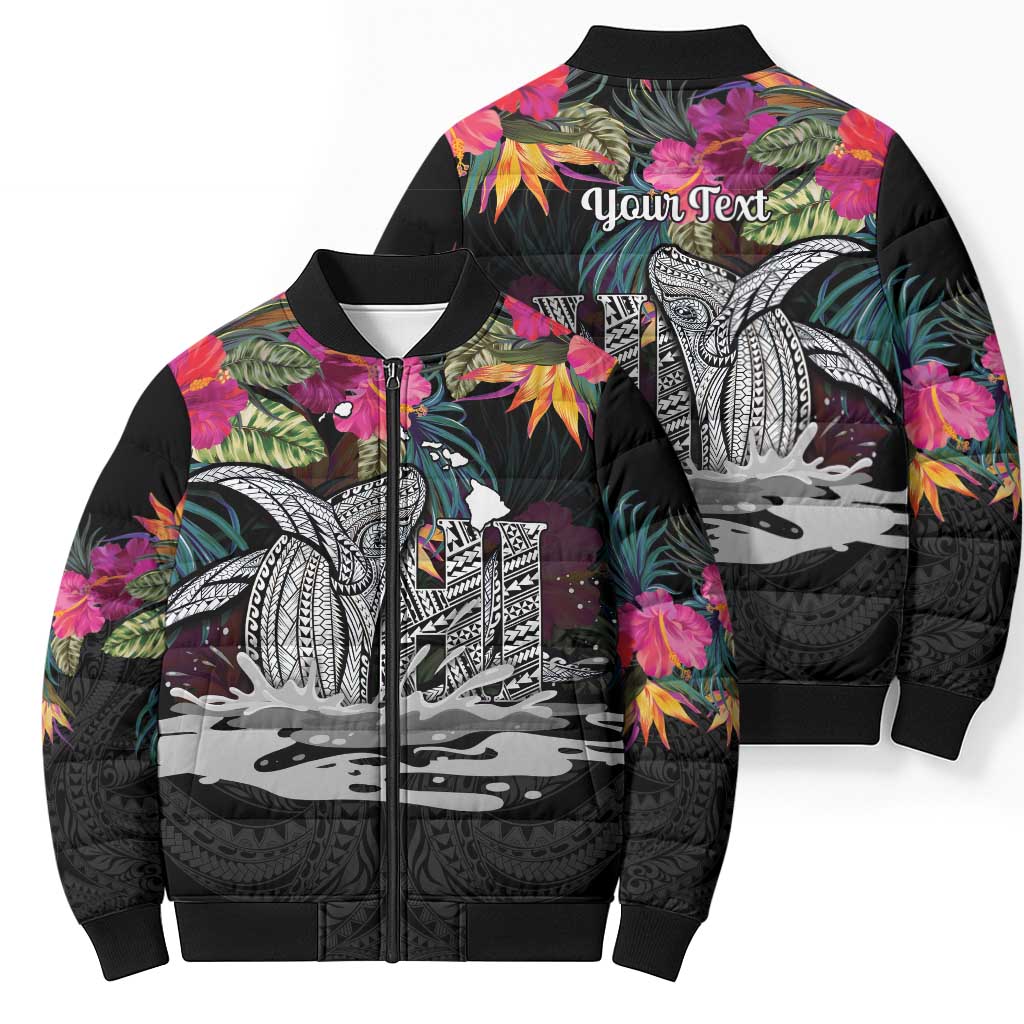 Personalised Hawaii Bomber Puffer Jacket Humpback Whale Tattoo With Tropical Flowers Black