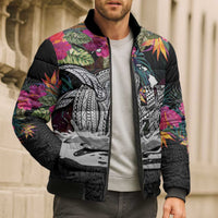 Personalised Hawaii Bomber Puffer Jacket Humpback Whale Tattoo With Tropical Flowers Black
