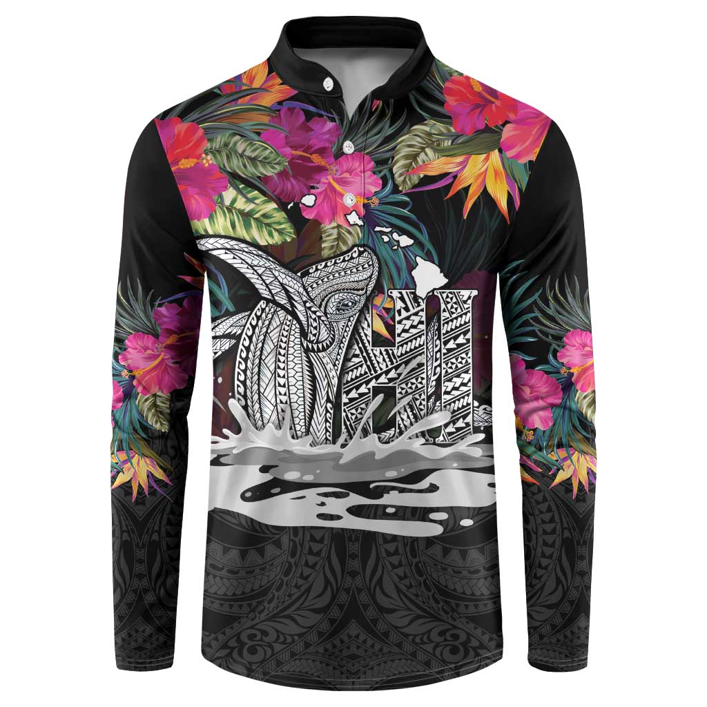 Personalised Hawaii Button Sweatshirt Humpback Whale Tattoo With Tropical Flowers Black