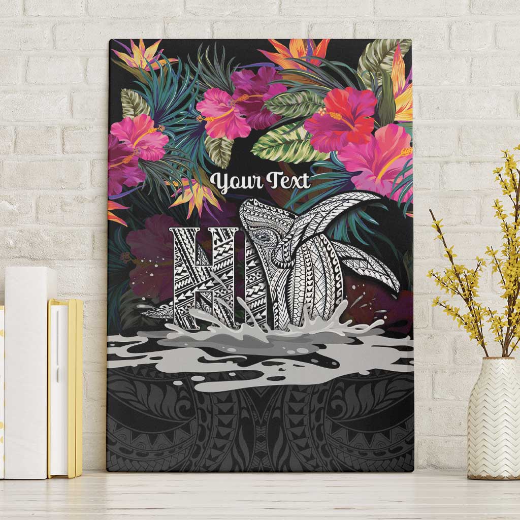 Personalised Hawaii Canvas Wall Art Humpback Whale Tattoo With Tropical Flowers Black