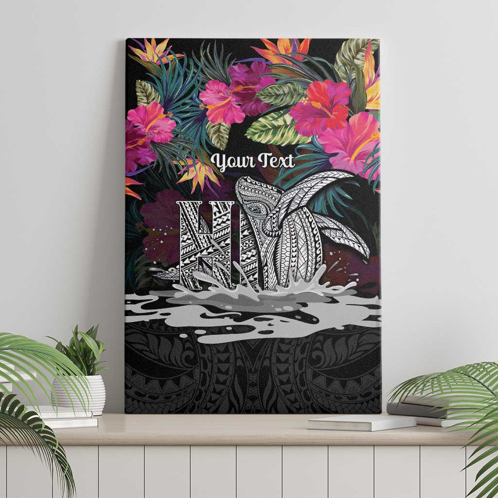 Personalised Hawaii Canvas Wall Art Humpback Whale Tattoo With Tropical Flowers Black