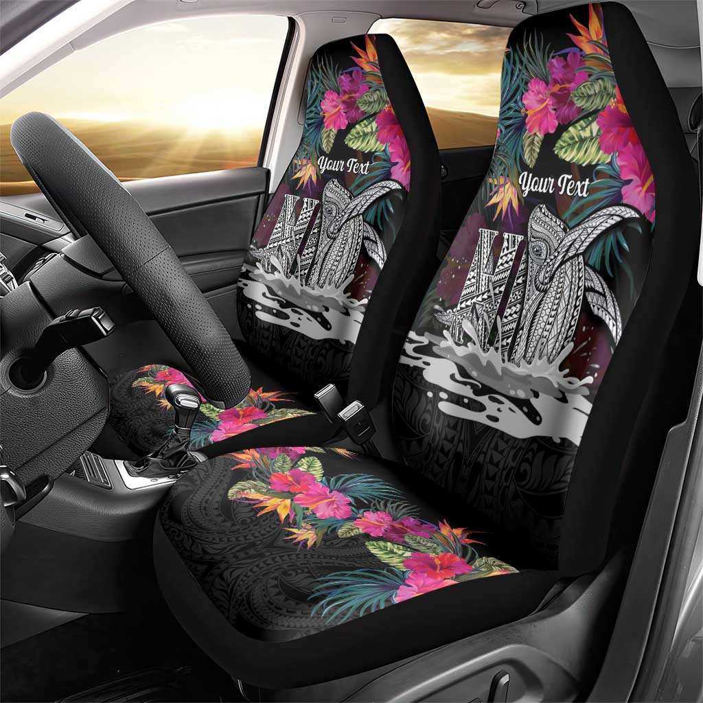 Personalised Hawaii Car Seat Cover Humpback Whale Tattoo With Tropical Flowers Black