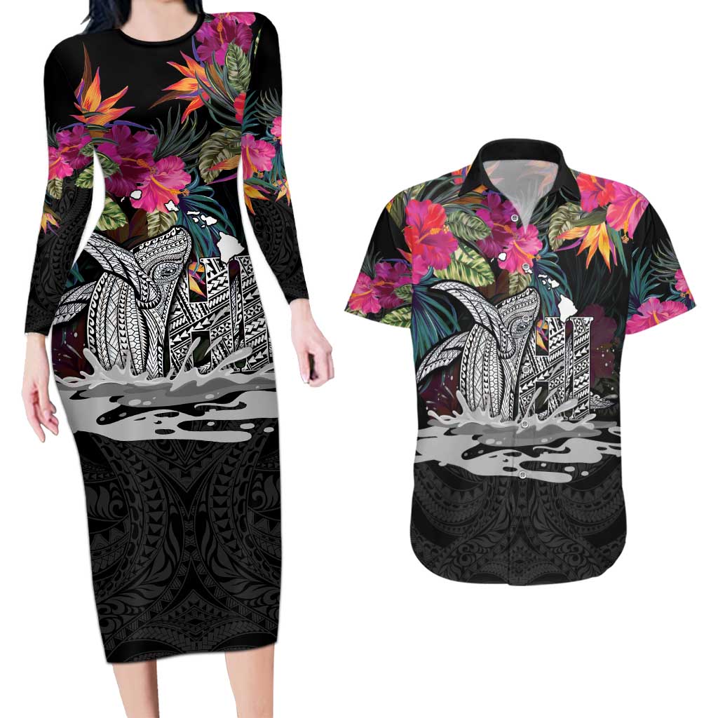 Personalised Hawaii Couples Matching Long Sleeve Bodycon Dress and Hawaiian Shirt Humpback Whale Tattoo With Tropical Flowers Black LT14 Black - Polynesian Pride