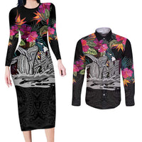 Personalised Hawaii Couples Matching Long Sleeve Bodycon Dress and Long Sleeve Button Shirt Humpback Whale Tattoo With Tropical Flowers Black LT14 Black - Polynesian Pride