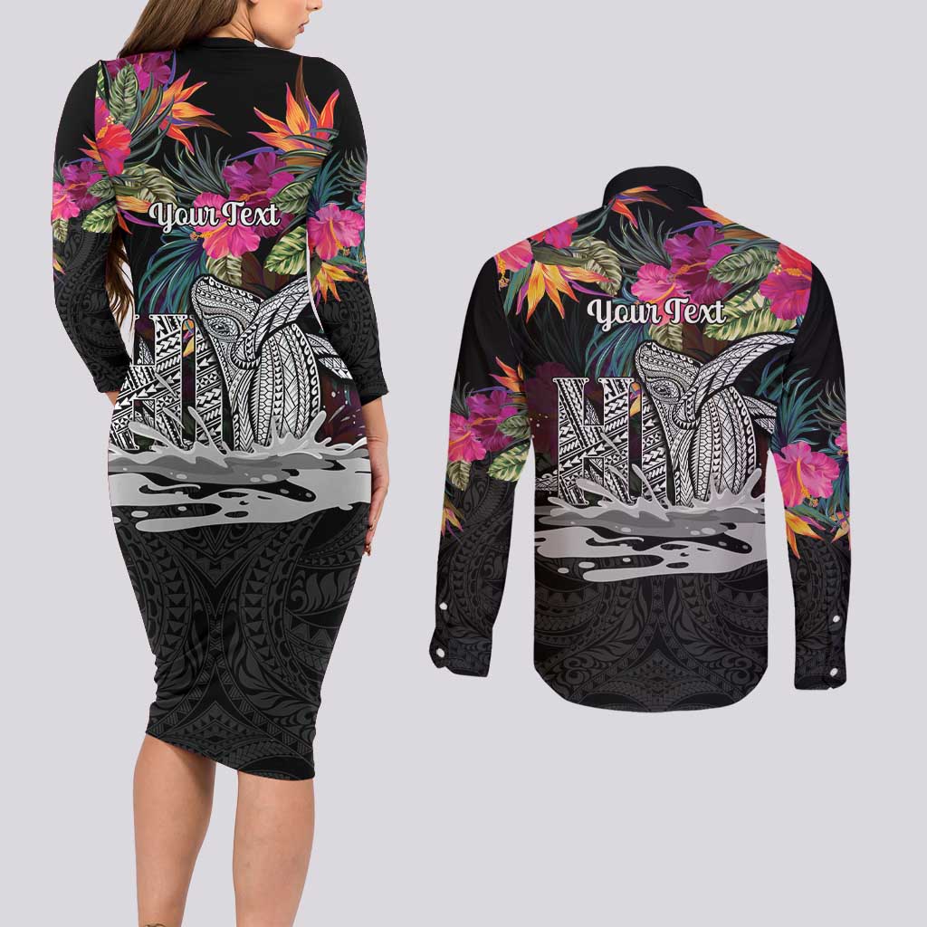 Personalised Hawaii Couples Matching Long Sleeve Bodycon Dress and Long Sleeve Button Shirt Humpback Whale Tattoo With Tropical Flowers Black LT14 - Polynesian Pride