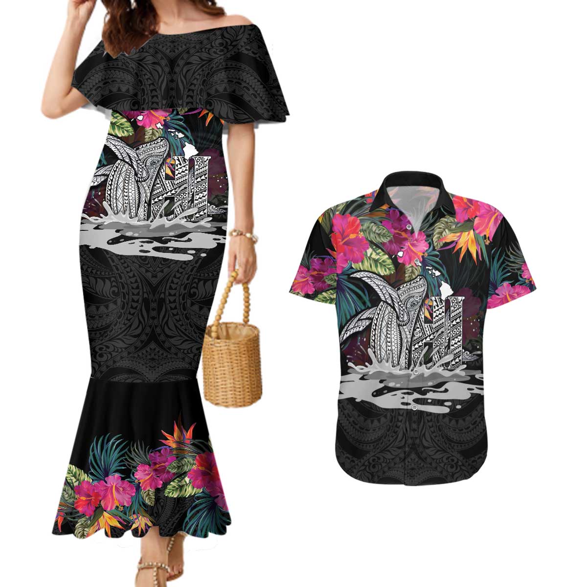 Personalised Hawaii Couples Matching Mermaid Dress and Hawaiian Shirt Humpback Whale Tattoo With Tropical Flowers Black LT14 Black - Polynesian Pride
