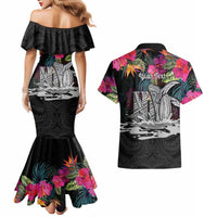 Personalised Hawaii Couples Matching Mermaid Dress and Hawaiian Shirt Humpback Whale Tattoo With Tropical Flowers Black LT14 - Polynesian Pride