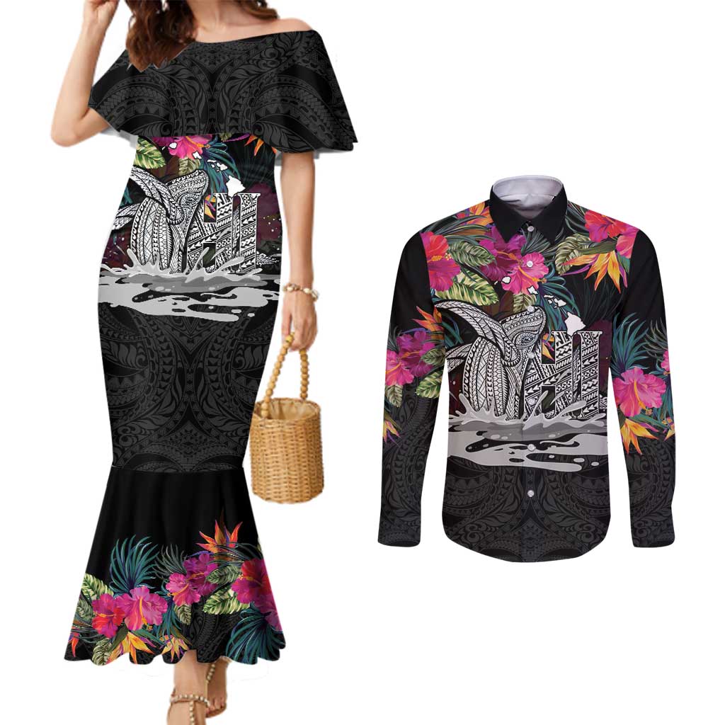 Personalised Hawaii Couples Matching Mermaid Dress and Long Sleeve Button Shirt Humpback Whale Tattoo With Tropical Flowers Black LT14 Black - Polynesian Pride