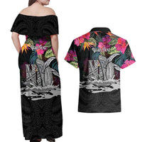 Personalised Hawaii Couples Matching Off Shoulder Maxi Dress and Hawaiian Shirt Humpback Whale Tattoo With Tropical Flowers Black LT14 - Polynesian Pride