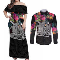 Personalised Hawaii Couples Matching Off Shoulder Maxi Dress and Long Sleeve Button Shirt Humpback Whale Tattoo With Tropical Flowers Black LT14 Black - Polynesian Pride