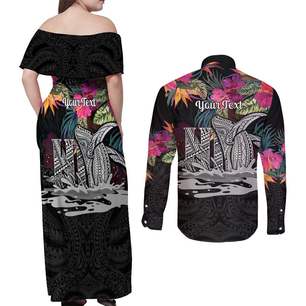 Personalised Hawaii Couples Matching Off Shoulder Maxi Dress and Long Sleeve Button Shirt Humpback Whale Tattoo With Tropical Flowers Black LT14 - Polynesian Pride