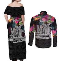 Personalised Hawaii Couples Matching Off Shoulder Maxi Dress and Long Sleeve Button Shirt Humpback Whale Tattoo With Tropical Flowers Black LT14 - Polynesian Pride