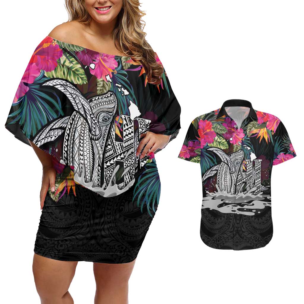 Personalised Hawaii Couples Matching Off Shoulder Short Dress and Hawaiian Shirt Humpback Whale Tattoo With Tropical Flowers Black LT14 Black - Polynesian Pride