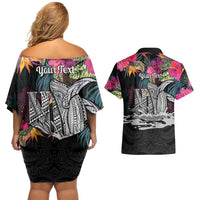 Personalised Hawaii Couples Matching Off Shoulder Short Dress and Hawaiian Shirt Humpback Whale Tattoo With Tropical Flowers Black LT14 - Polynesian Pride