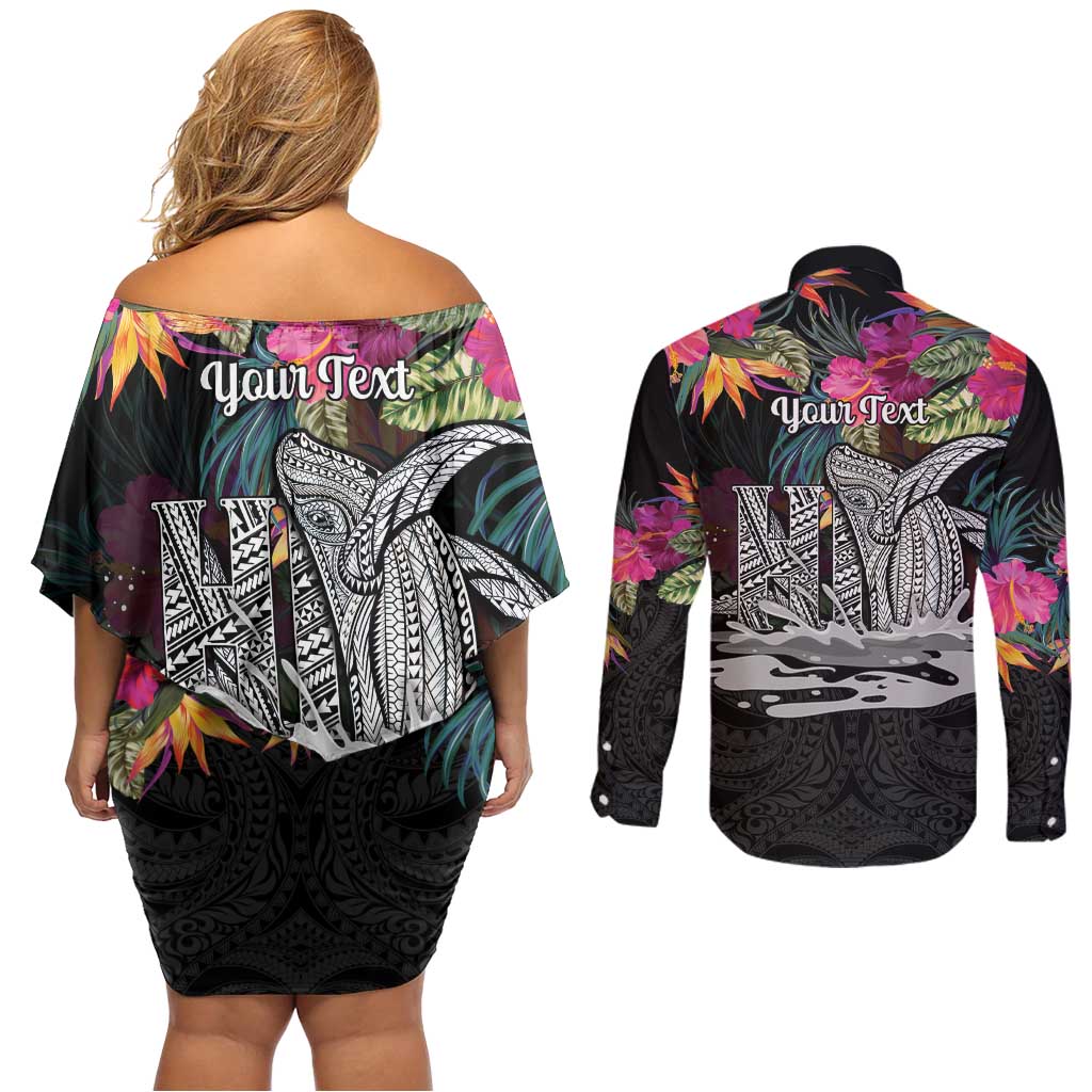 Personalised Hawaii Couples Matching Off Shoulder Short Dress and Long Sleeve Button Shirt Humpback Whale Tattoo With Tropical Flowers Black LT14 - Polynesian Pride