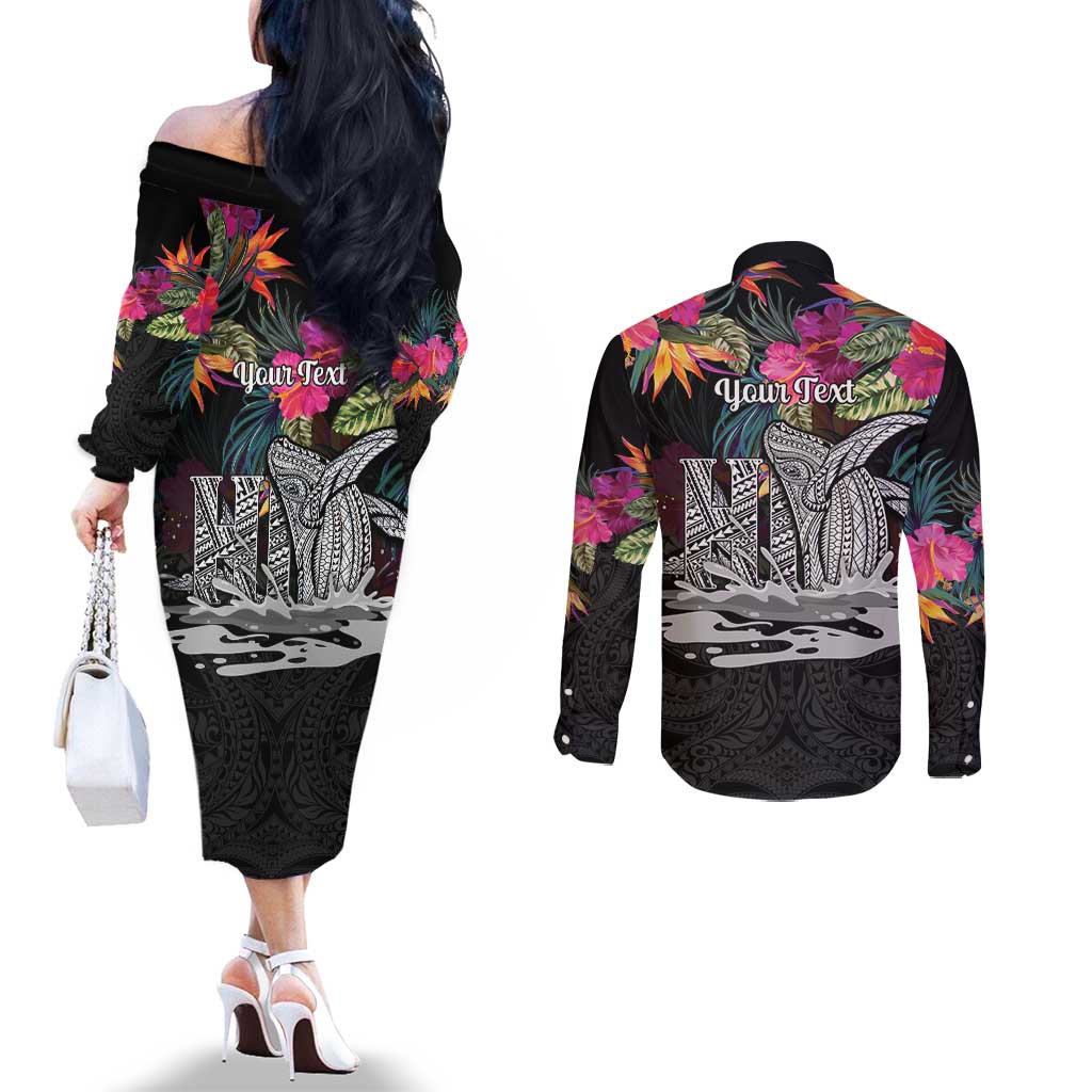 Personalised Hawaii Couples Matching Off The Shoulder Long Sleeve Dress and Long Sleeve Button Shirt Humpback Whale Tattoo With Tropical Flowers Black LT14 - Polynesian Pride
