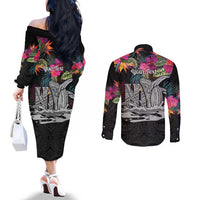 Personalised Hawaii Couples Matching Off The Shoulder Long Sleeve Dress and Long Sleeve Button Shirt Humpback Whale Tattoo With Tropical Flowers Black LT14 - Polynesian Pride
