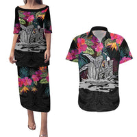 Personalised Hawaii Couples Matching Puletasi and Hawaiian Shirt Humpback Whale Tattoo With Tropical Flowers Black LT14 Black - Polynesian Pride