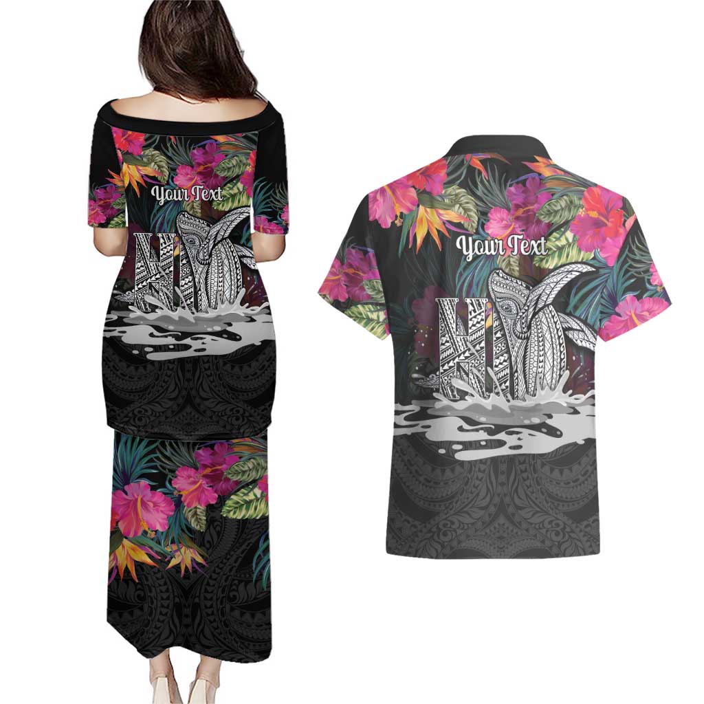 Personalised Hawaii Couples Matching Puletasi and Hawaiian Shirt Humpback Whale Tattoo With Tropical Flowers Black LT14 - Polynesian Pride