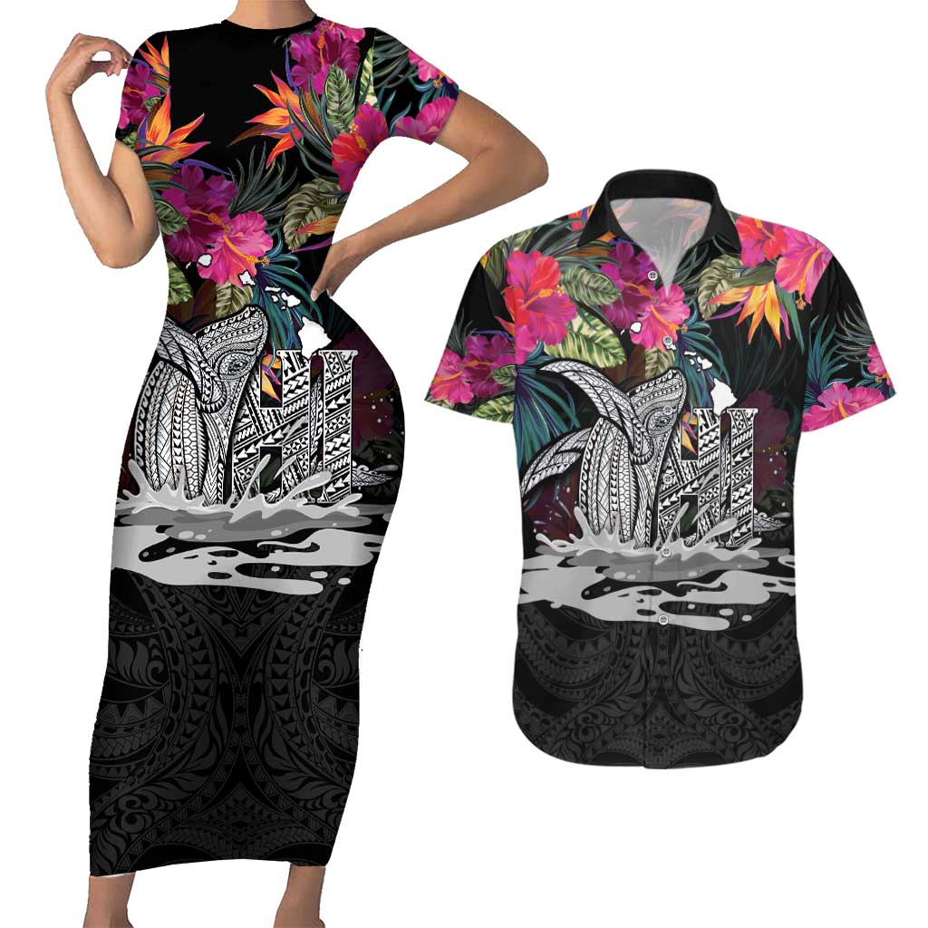 Personalised Hawaii Couples Matching Short Sleeve Bodycon Dress and Hawaiian Shirt Humpback Whale Tattoo With Tropical Flowers Black