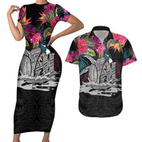 Personalised Hawaii Couples Matching Short Sleeve Bodycon Dress and Hawaiian Shirt Humpback Whale Tattoo With Tropical Flowers Black LT14 Black - Polynesian Pride